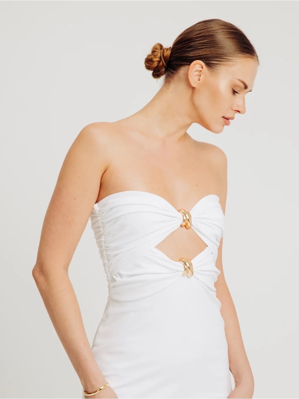 Ronny Kobo Lia Strapless White Cutout Midi Dress with Gold Ring Detail